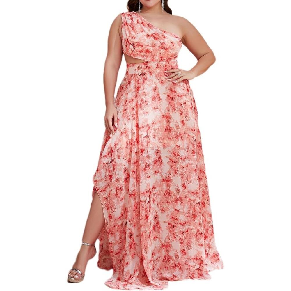 Giffniseti NWT Pink Floral One Shoulder Side Cut Out Maxi Bridesmaid Prom Dress